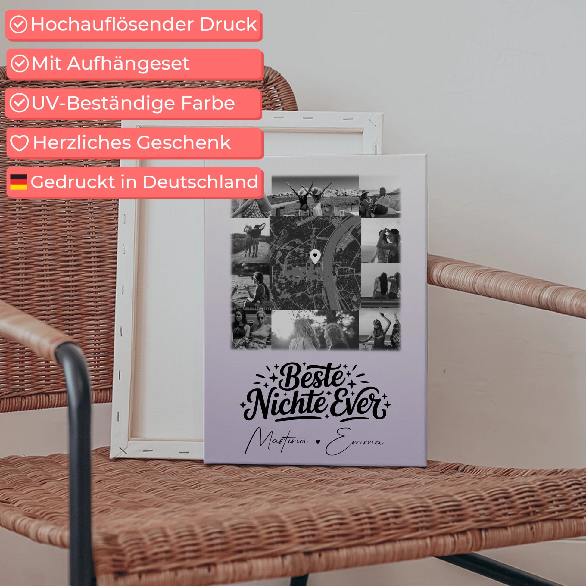 Leinwand Wandbild mit 10 Fotos und Karte in der Mitte Beste Nichte Ever Schwarz-Weiß Personalisiert 5