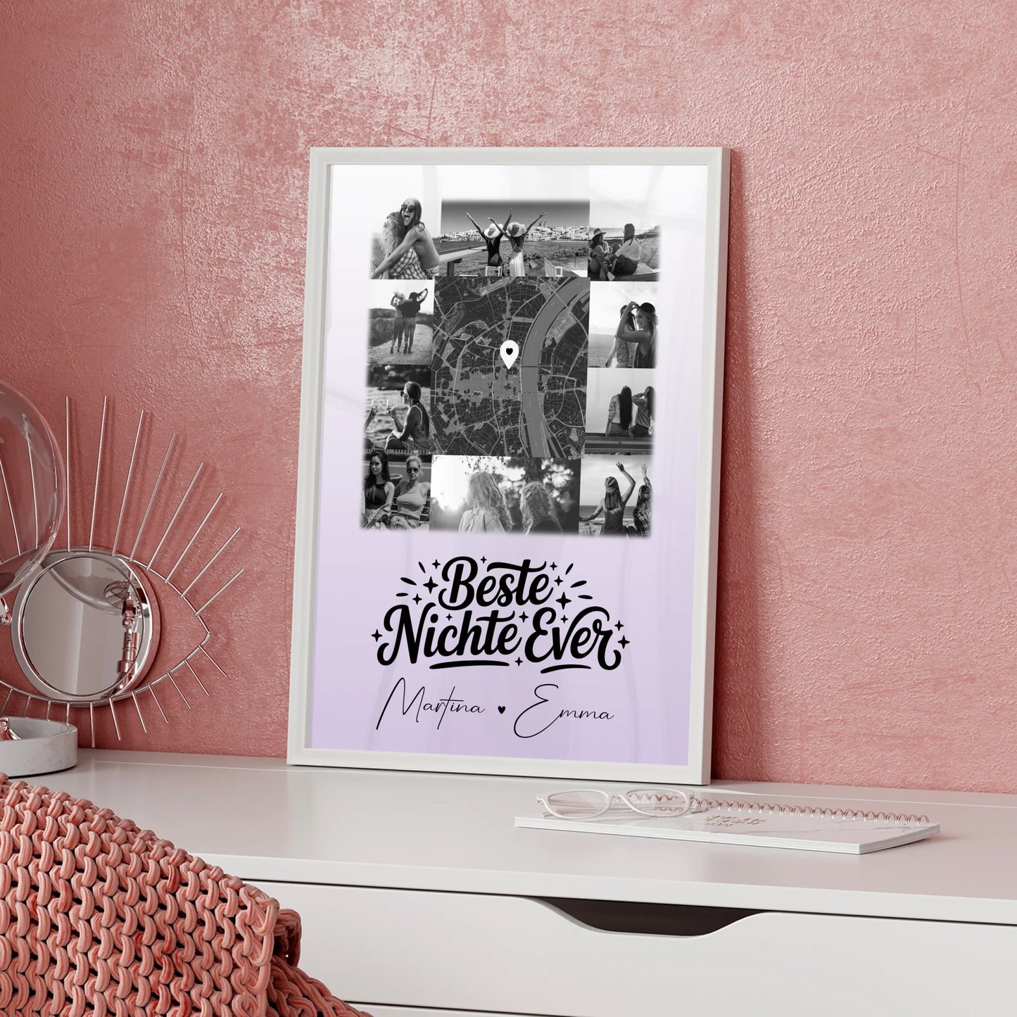 Karten Poster Personalisiert mit 10 Fotos und Karte in der Mitte Beste Nichte Ever Schwarz-Weiß