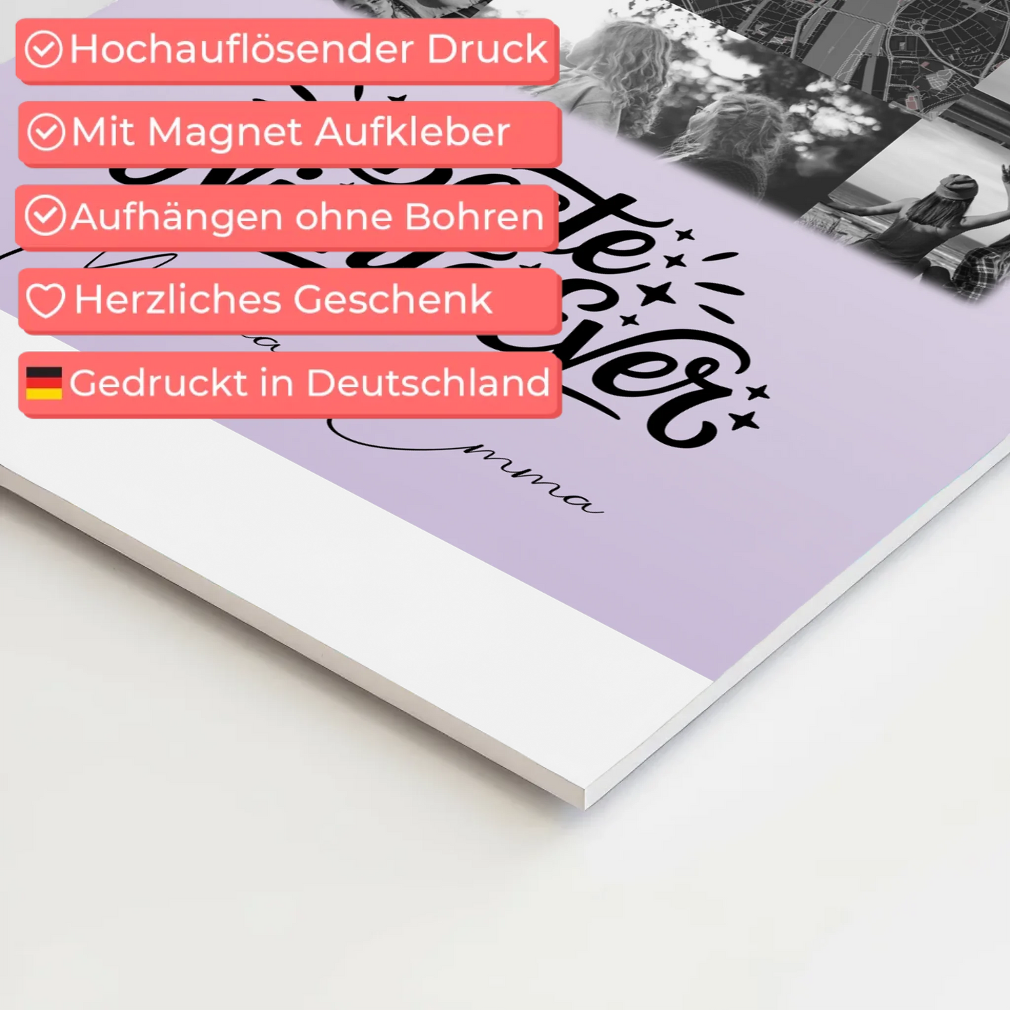 Fotoboard Magnet Wandbild mit 10 Fotos und Karte in der Mitte Beste Nichte Ever Schwarz-Weiß