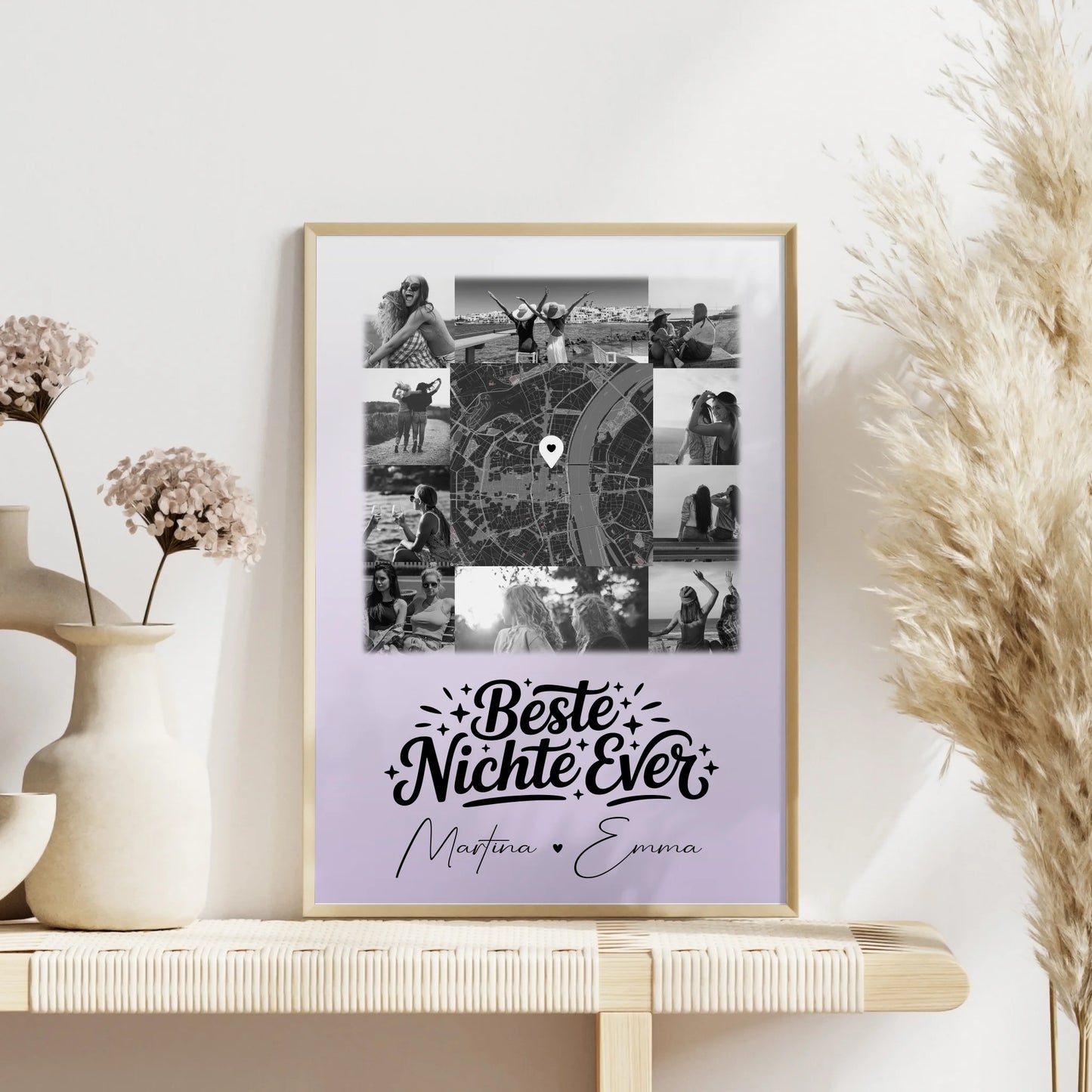 Karten Poster Personalisiert mit 10 Fotos und Karte in der Mitte Beste Nichte Ever Schwarz-Weiß