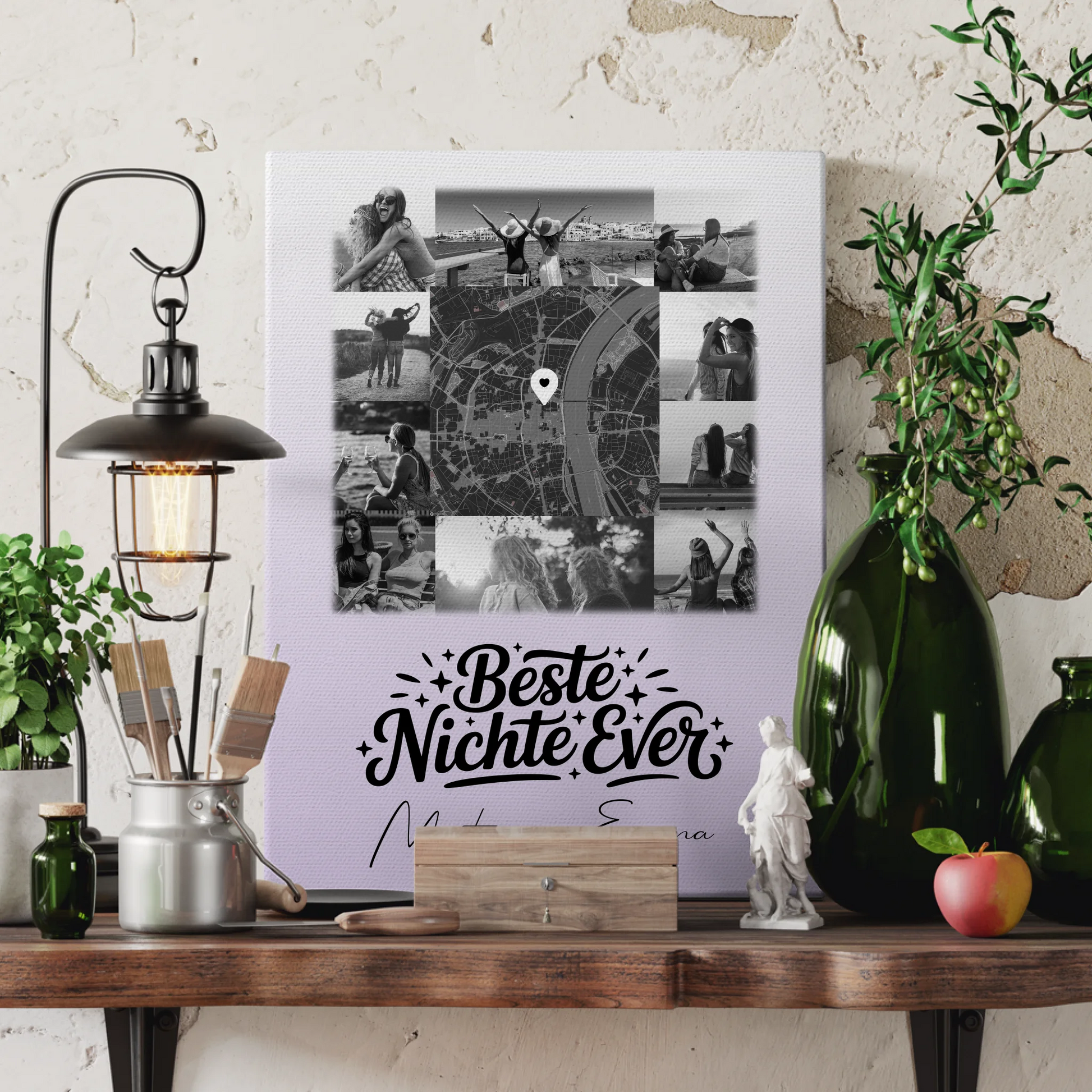 Leinwand Wandbild mit 10 Fotos und Karte in der Mitte Beste Nichte Ever Schwarz-Weiß Personalisiert 3