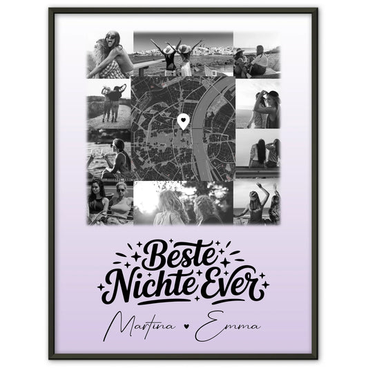 Karten Poster Personalisiert mit 10 Fotos und Karte in der Mitte Beste Nichte Ever Schwarz-Weiß
