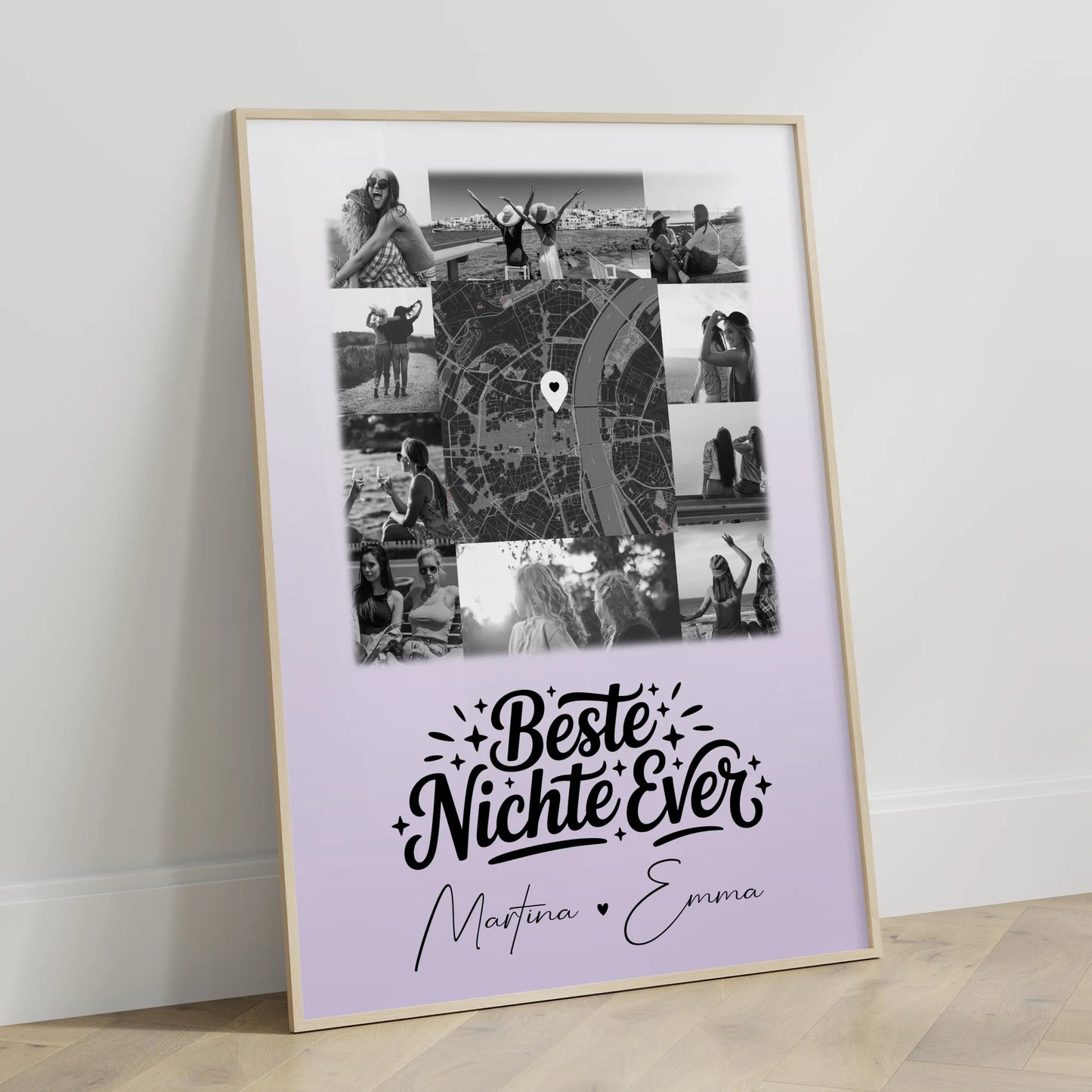 Karten Poster Personalisiert mit 10 Fotos und Karte in der Mitte Beste Nichte Ever Schwarz-Weiß