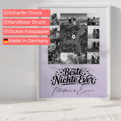 Karten Poster Personalisiert mit 10 Fotos und Karte in der Mitte Beste Nichte Ever Schwarz-Weiß