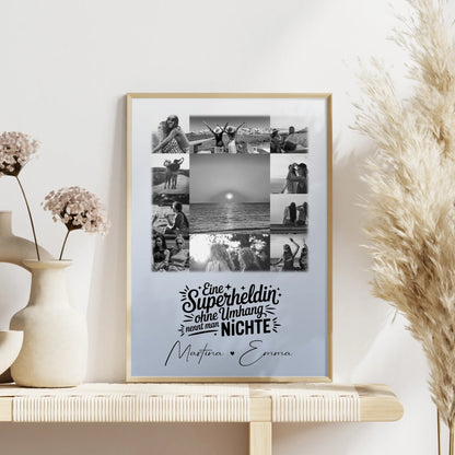 Personalisiertes Wandbild Fotocollage 11 Fotos Lehrerin echte Heldin Schwarz-Weiß