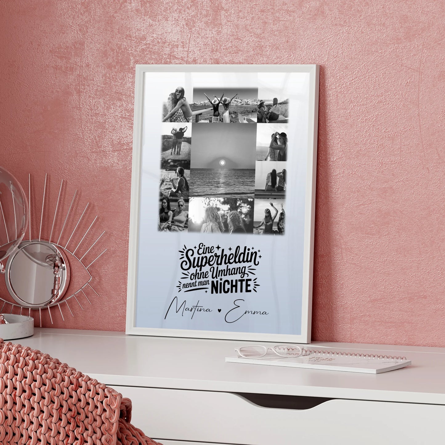 Personalisiertes Wandbild Fotocollage 11 Fotos Lehrerin echte Heldin Schwarz-Weiß