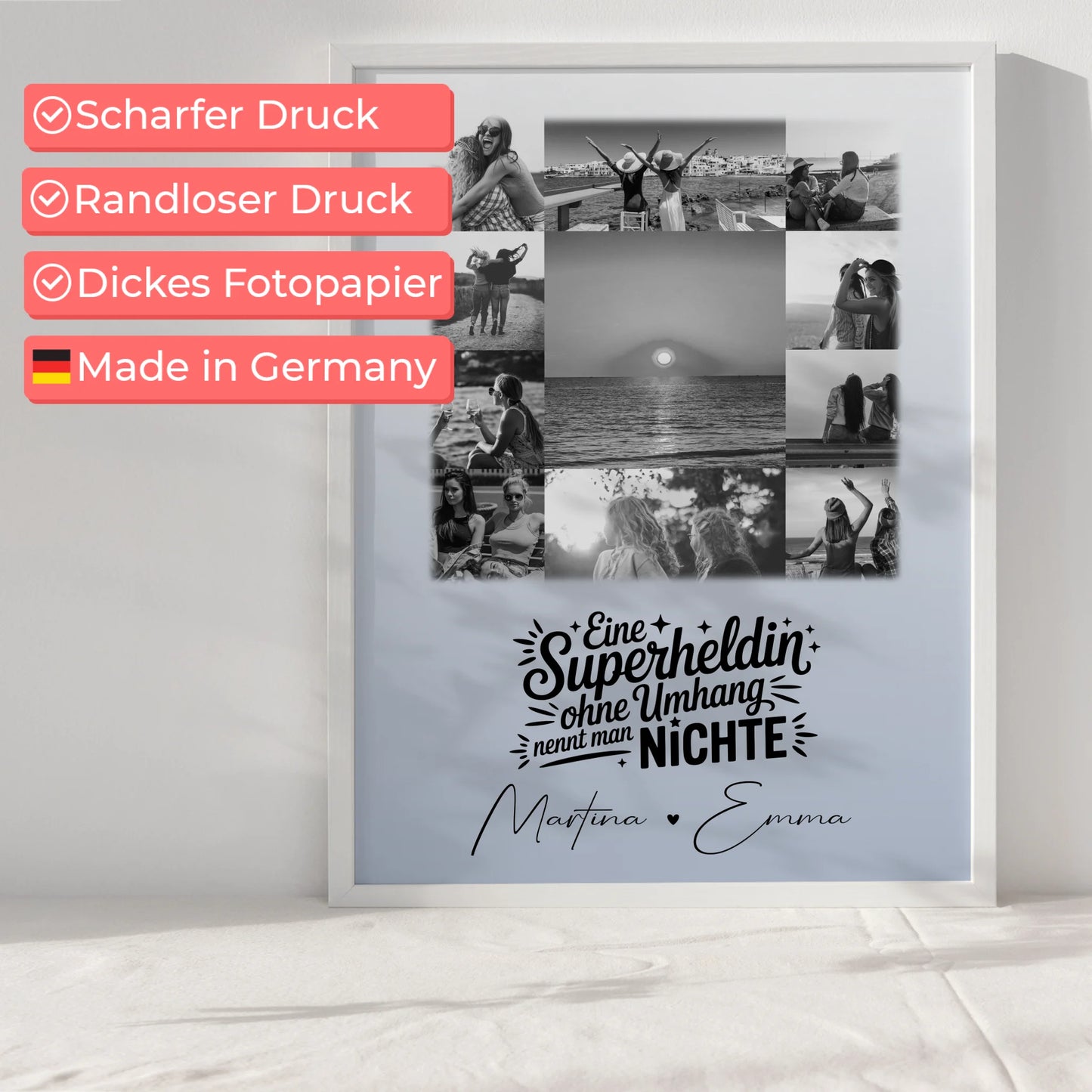 Personalisiertes Wandbild Fotocollage 11 Fotos Lehrerin echte Heldin Schwarz-Weiß