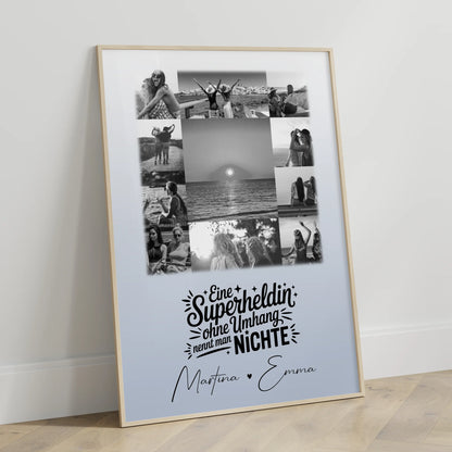 Personalisiertes Wandbild Fotocollage 11 Fotos Lehrerin echte Heldin Schwarz-Weiß