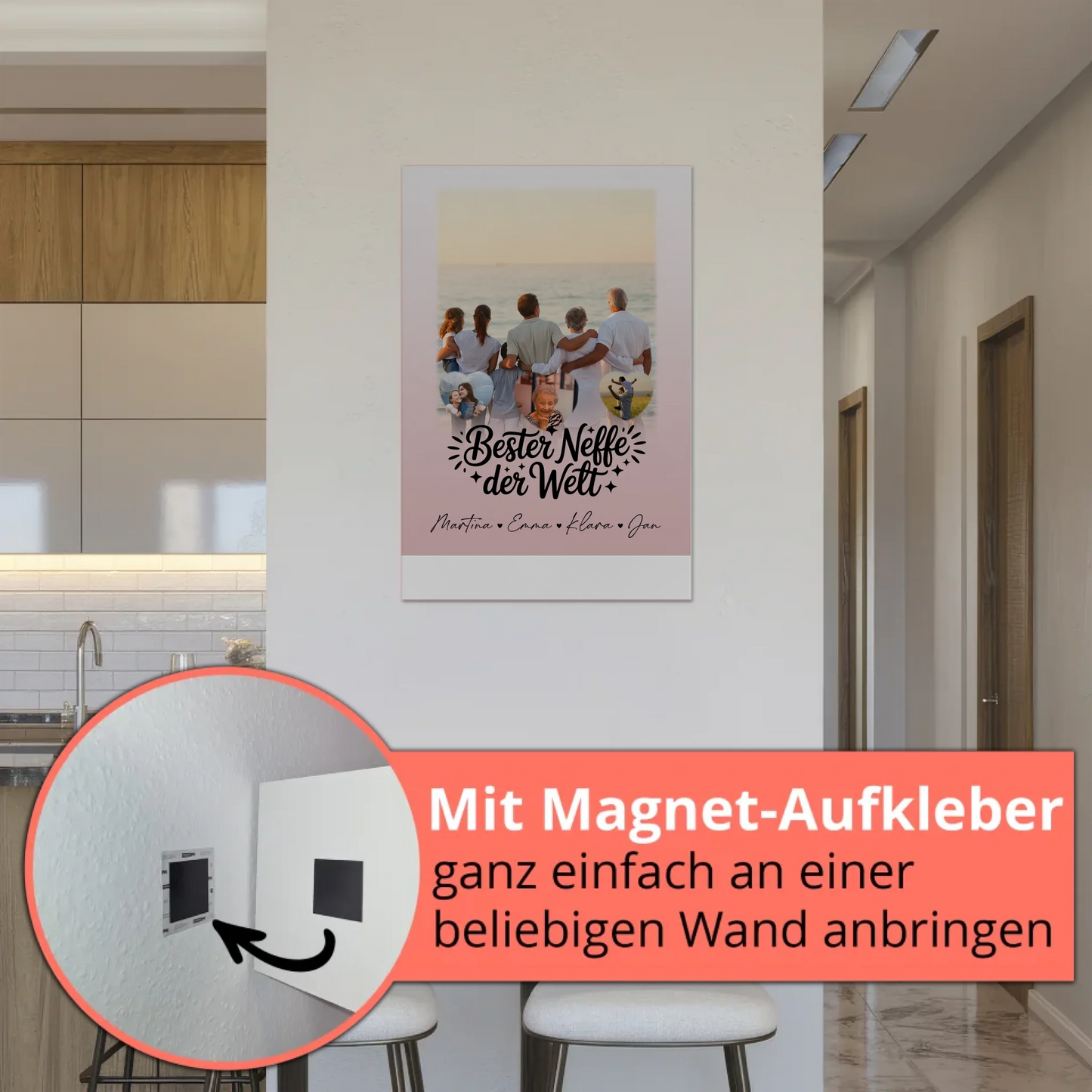 Personalisierte Fotoboard Magnet Wandbild mit 1 Foto und 3 Herz Fotos für den besten Neffen der Welt