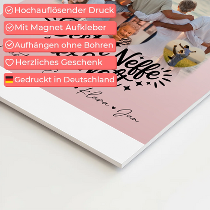 Personalisierte Fotoboard Magnet Wandbild mit 1 Foto und 3 Herz Fotos für den besten Neffen der Welt