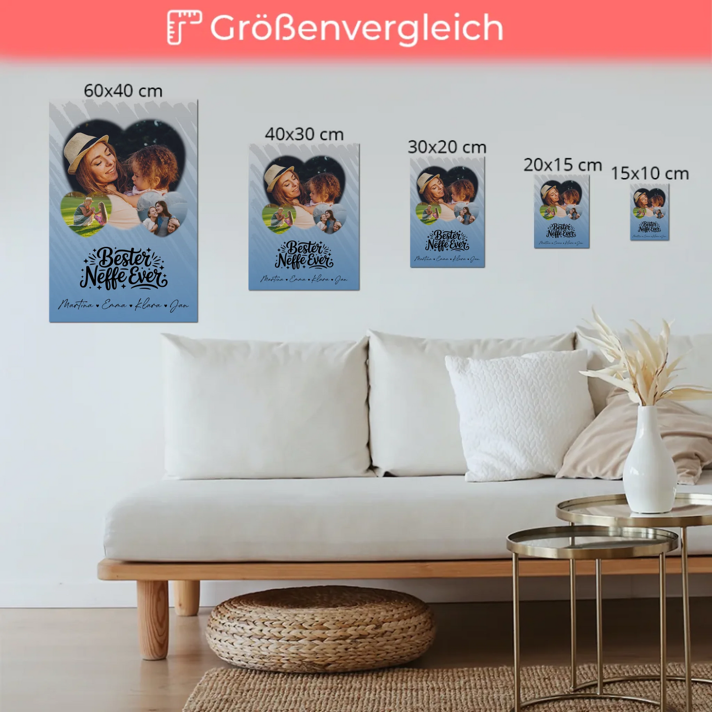 Personalisiertes Fotoboard Magnet Wandbild mit 3 Herz Fotos für den besten Neffen Ever