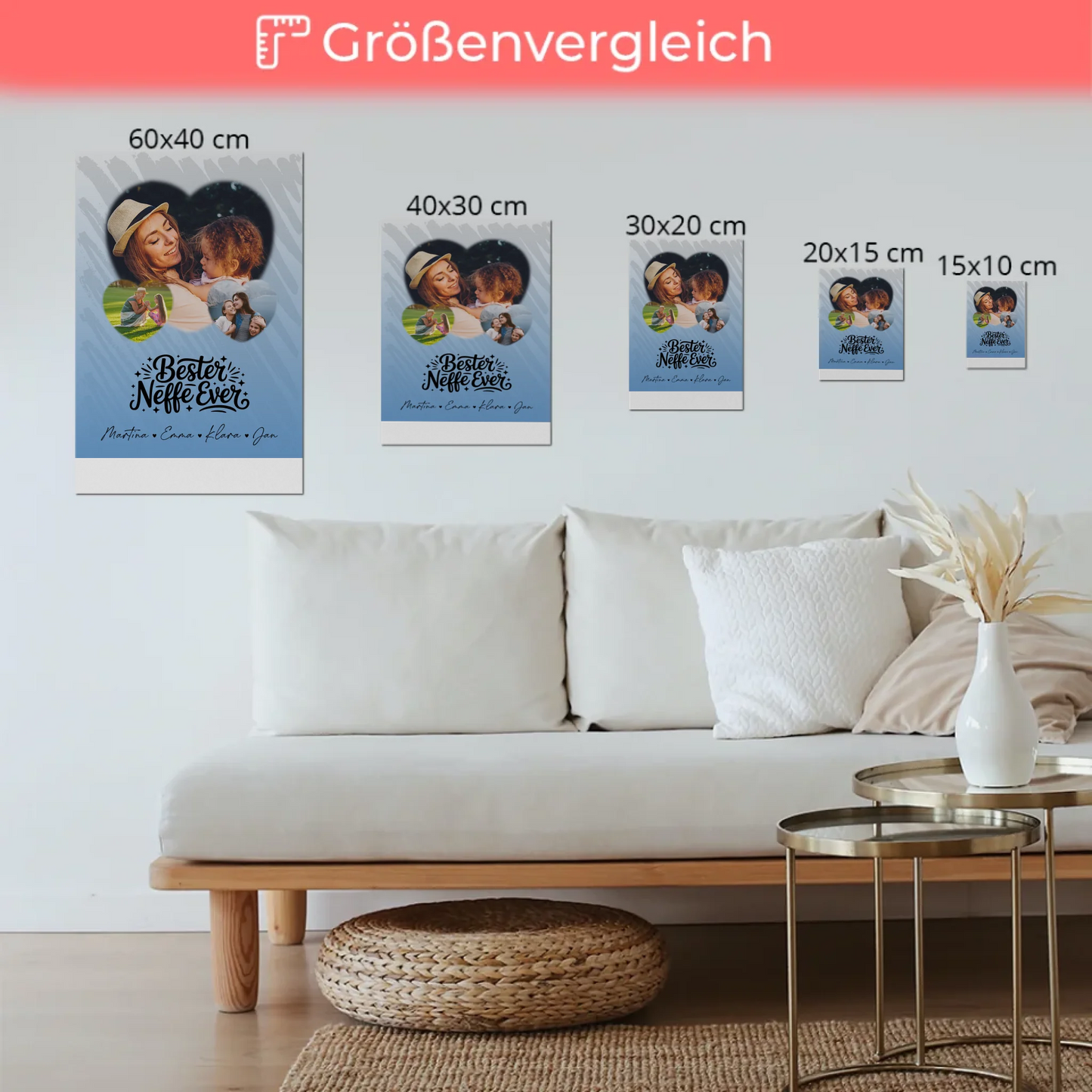 Personalisiertes Fotoboard Magnet Wandbild mit 3 Herz Fotos für den besten Neffen Ever