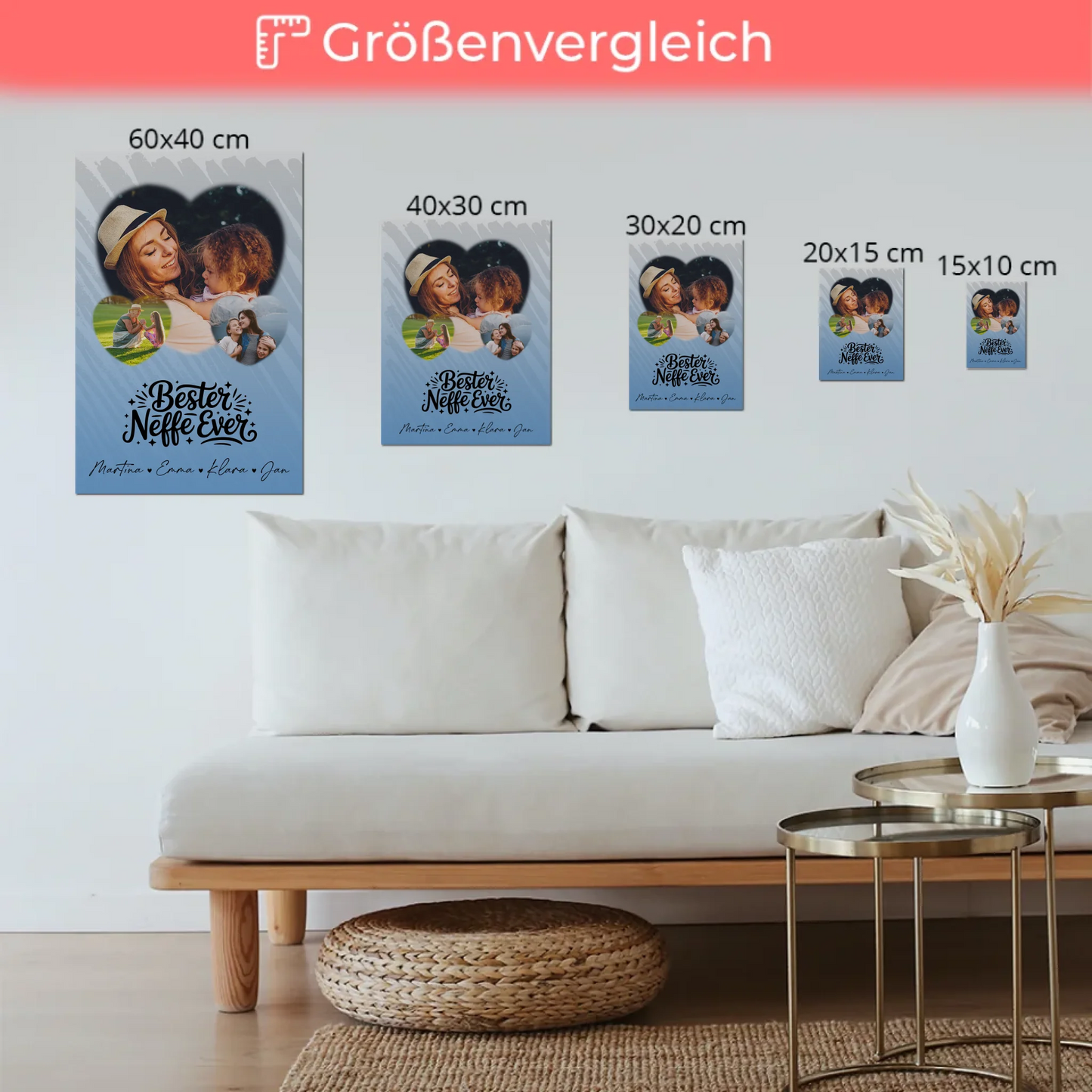 Personalisiertes Fotoboard Magnet Wandbild mit 3 Herz Fotos für den besten Neffen Ever