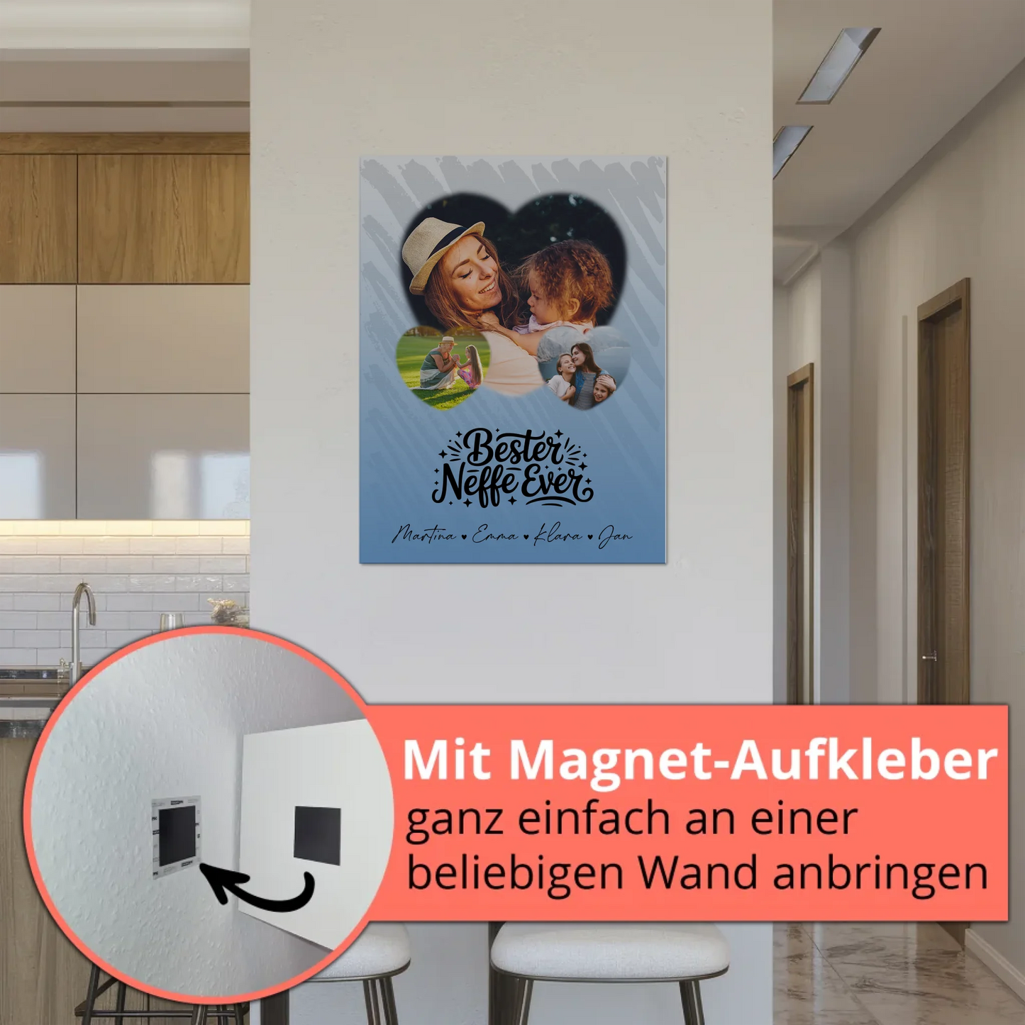 Personalisiertes Fotoboard Magnet Wandbild mit 3 Herz Fotos für den besten Neffen Ever