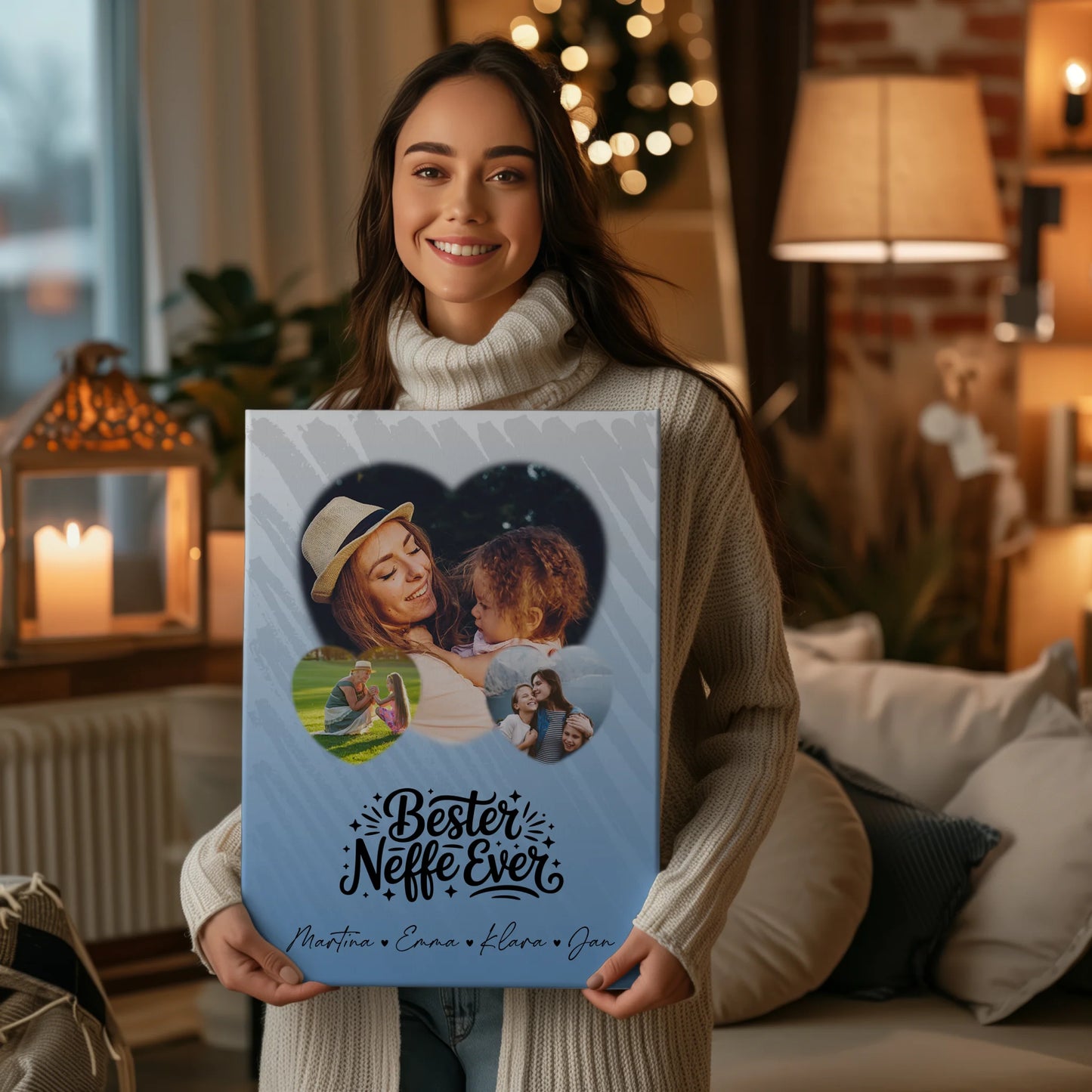 Personalisierte Leinwand Wandbild mit 3 Herz Fotos Bester Neffe Ever Geschenk 2