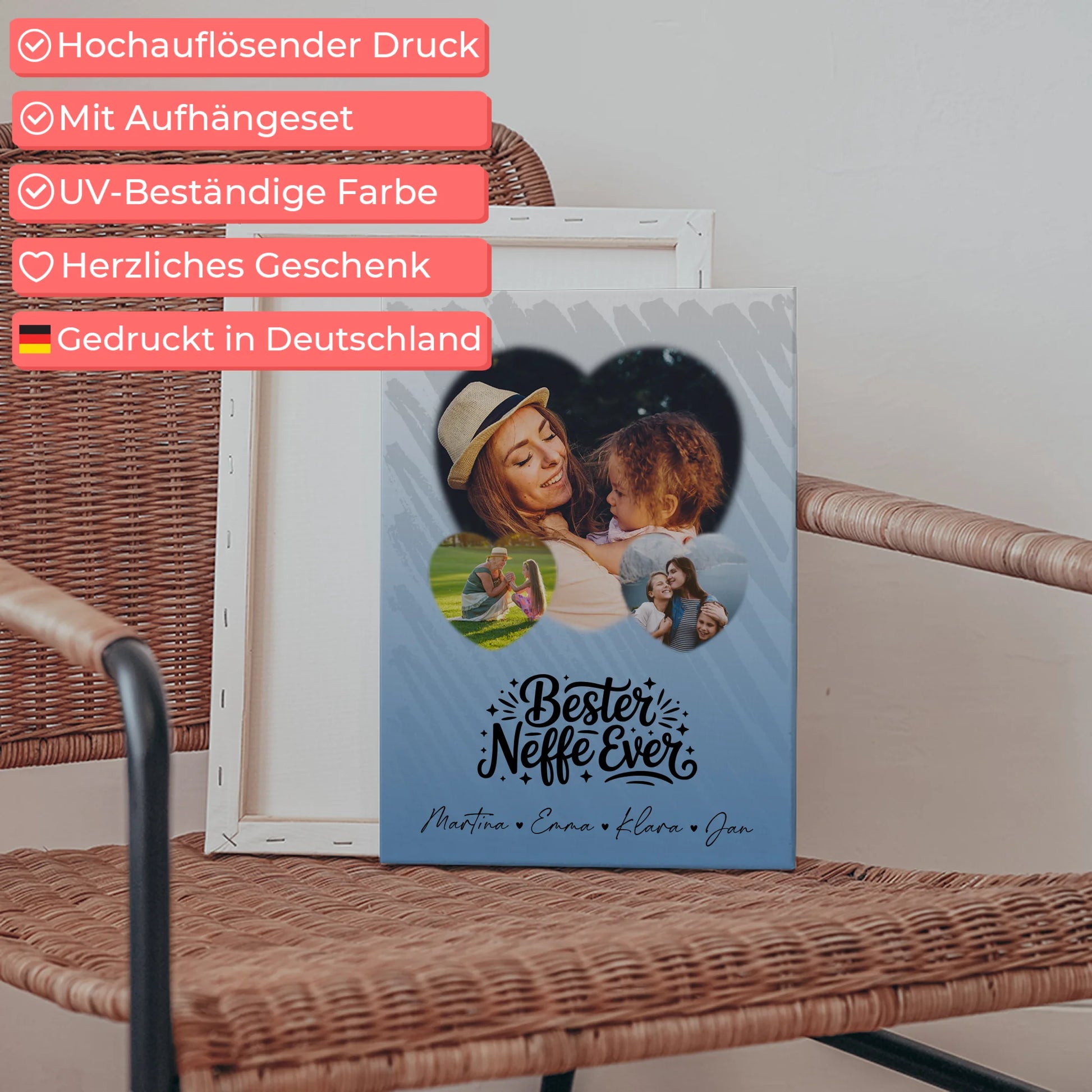 Personalisierte Leinwand Wandbild mit 3 Herz Fotos Bester Neffe Ever Geschenk 5