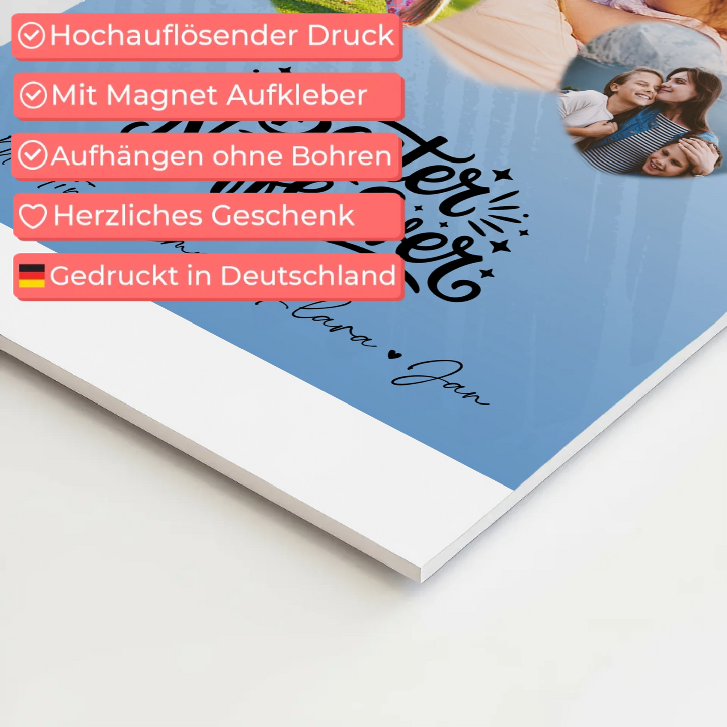 Personalisiertes Fotoboard Magnet Wandbild mit 3 Herz Fotos für den besten Neffen Ever