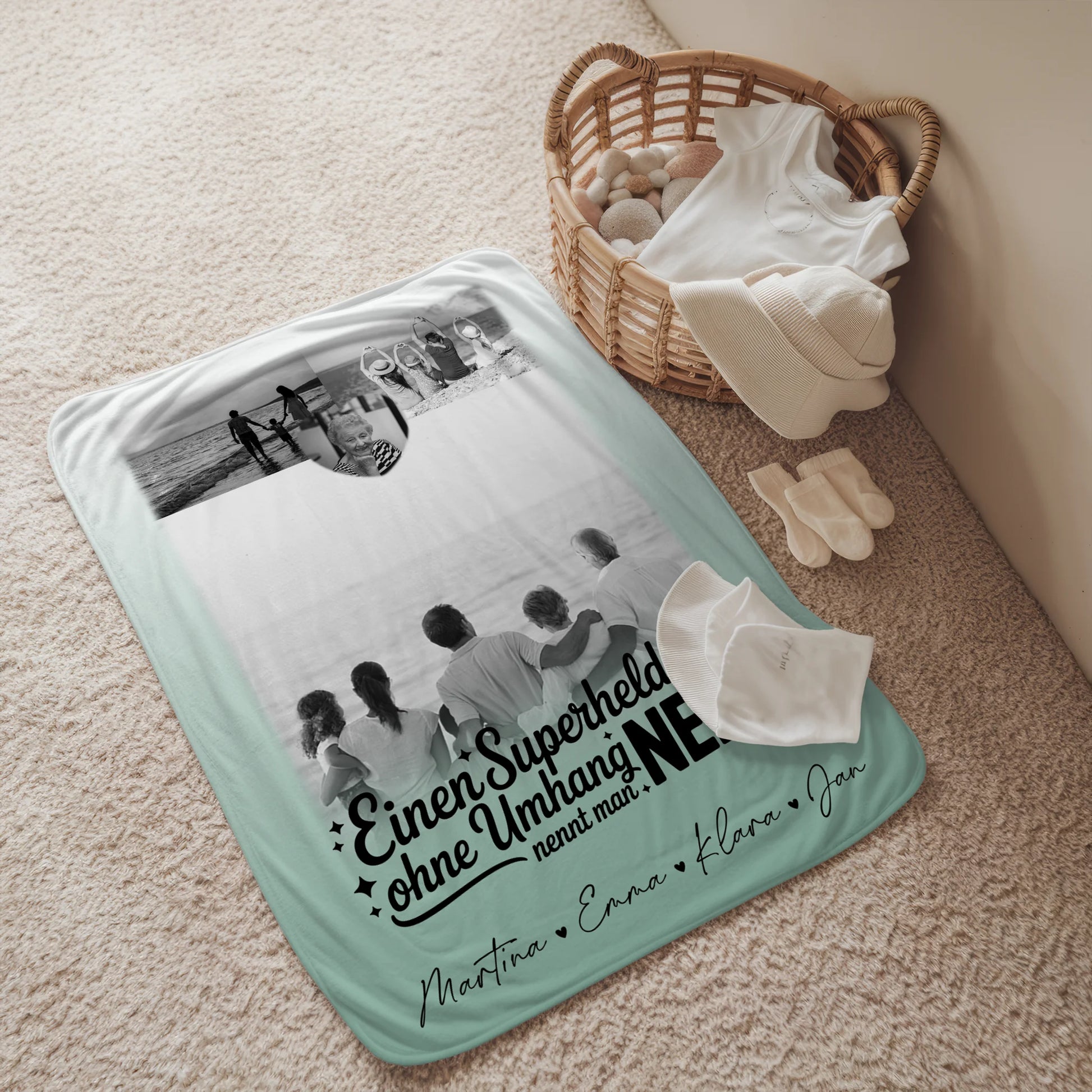 Personalisierte Namensdecke mit 3 Fotos und Herz Foto Bruder ist mein Held Schwarz-Weiß 2