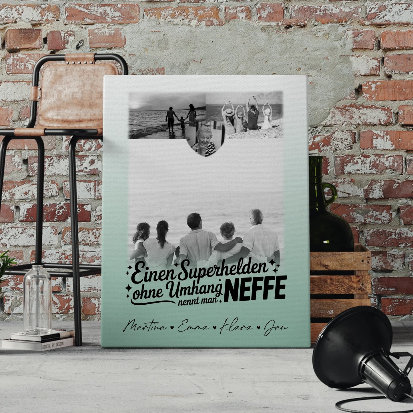 Personalisiertes Leinwand Bild mit 3 Fotos und Herz Foto Bruder ist mein Held Schwarz-Weiß 4