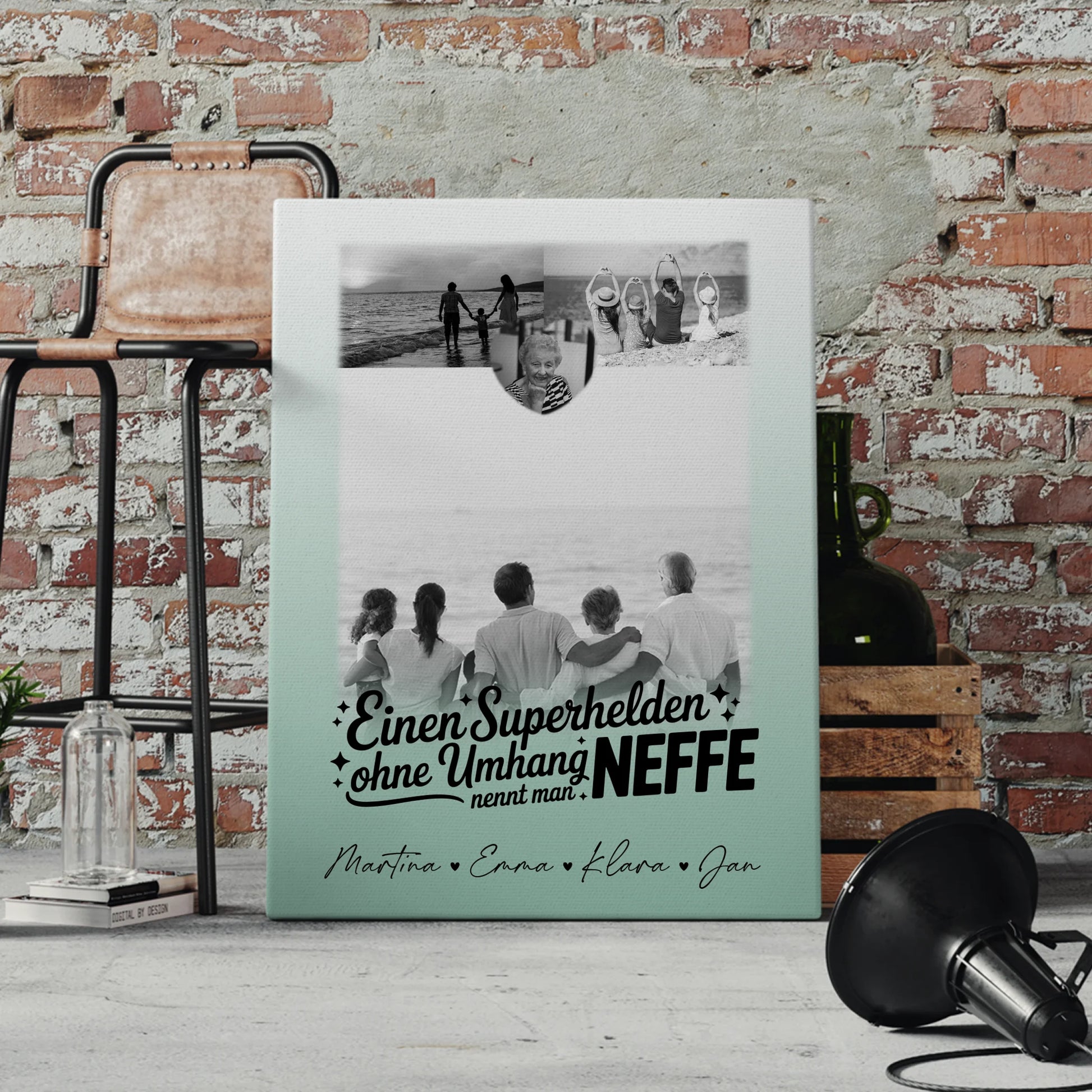 Personalisiertes Leinwand Bild mit 3 Fotos und Herz Foto Bruder ist mein Held Schwarz-Weiß 4