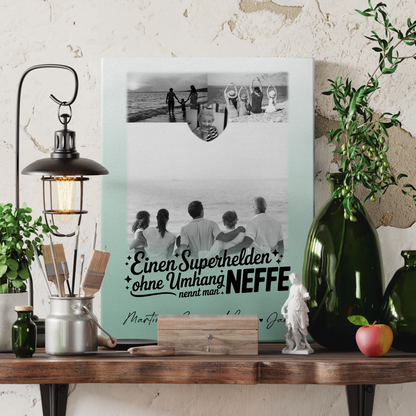 Personalisiertes Leinwand Bild mit 3 Fotos und Herz Foto Bruder ist mein Held Schwarz-Weiß 3
