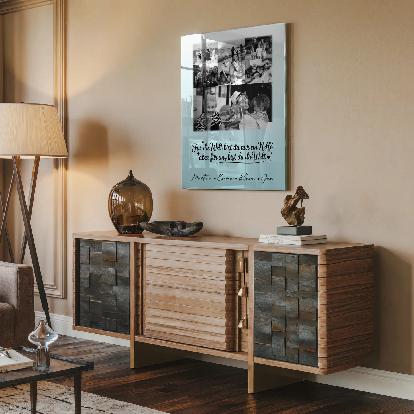 Personalisierte Foto Acrylglas Wanddekoration mit 8 Fotos und Herzmotiv Du bist für mich die Welt Schwarz-Weiß