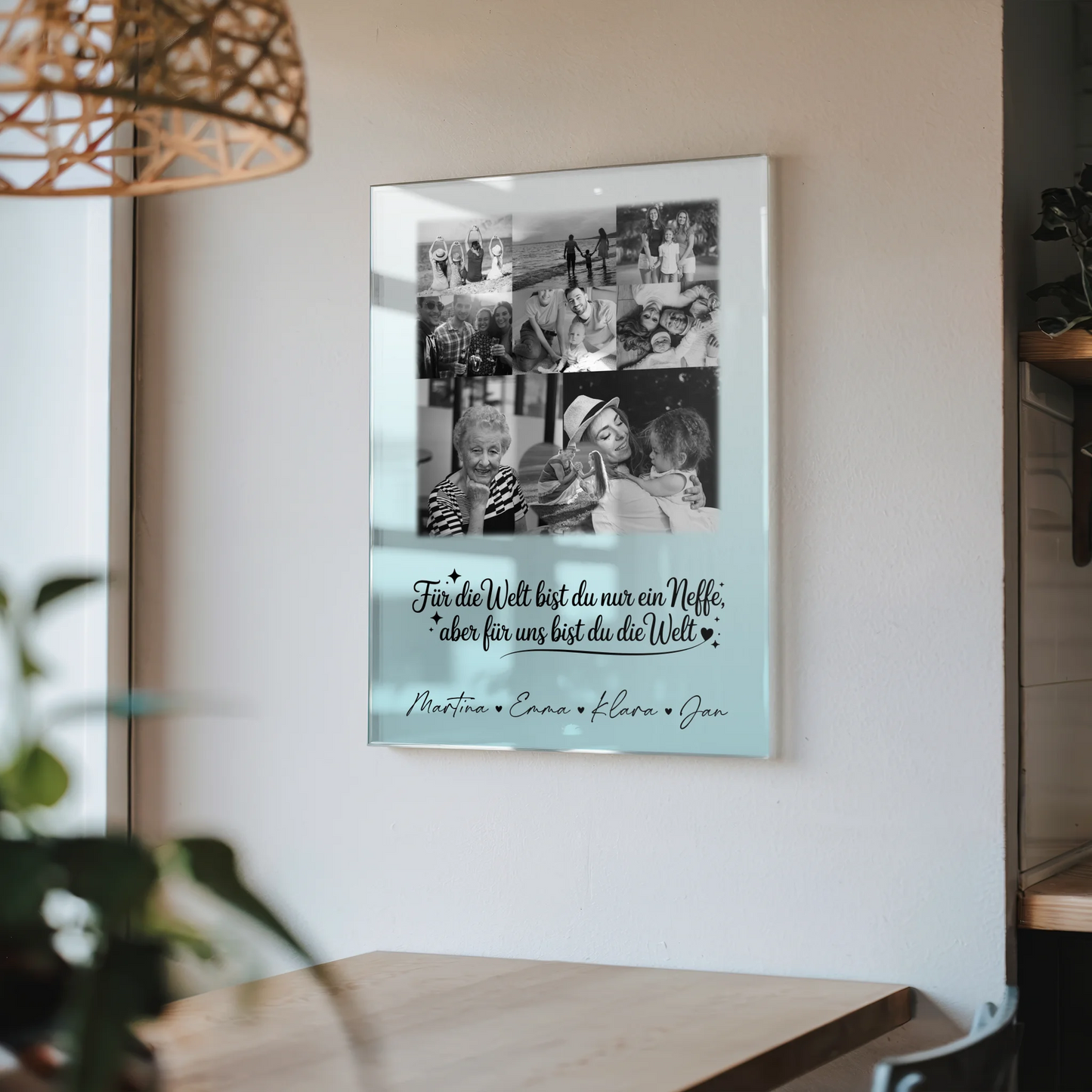 Personalisierte Foto Acrylglas Wanddekoration mit 8 Fotos und Herzmotiv Du bist für mich die Welt Schwarz-Weiß