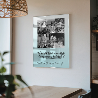 Personalisierte Foto Acrylglas Wanddekoration mit 8 Fotos und Herzmotiv Du bist für mich die Welt Schwarz-Weiß