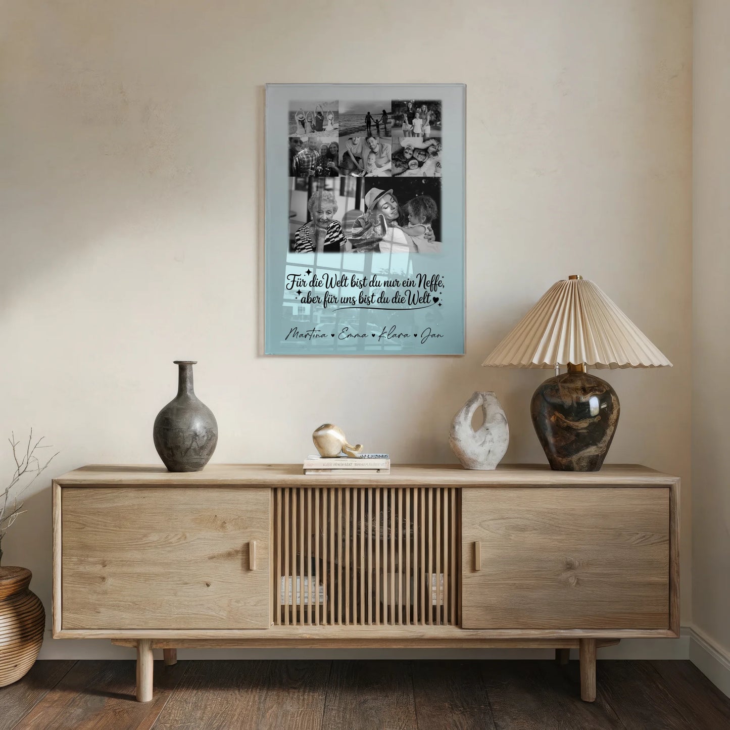 Personalisierte Foto Acrylglas Wanddekoration mit 8 Fotos und Herzmotiv Du bist für mich die Welt Schwarz-Weiß