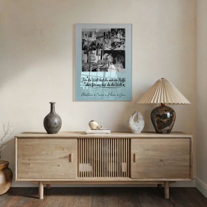 Personalisierte Foto Acrylglas Wanddekoration mit 8 Fotos und Herzmotiv Du bist für mich die Welt Schwarz-Weiß