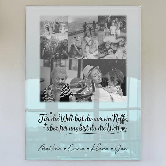 Personalisierte Foto Acrylglas Wanddekoration mit 8 Fotos und Herzmotiv Du bist für mich die Welt Schwarz-Weiß