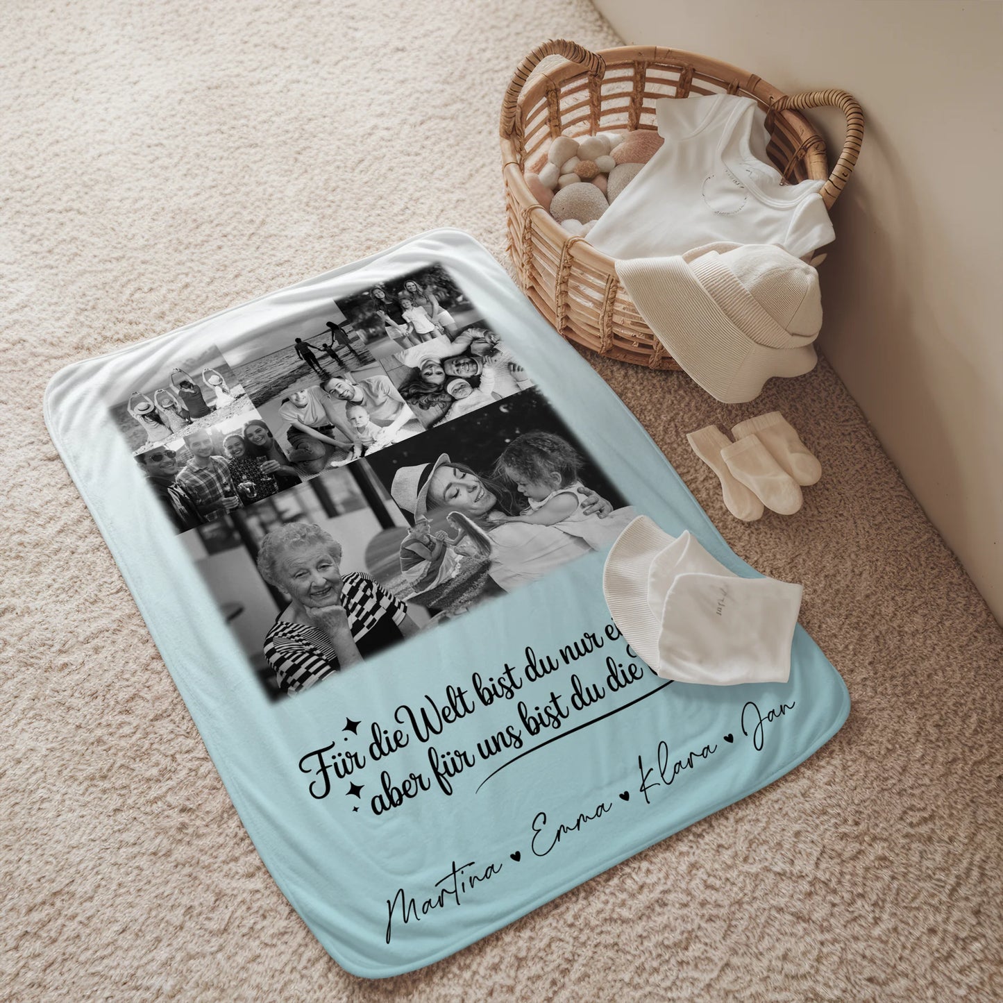 Personalisierte Decke Mit Namen 8 Fotos und 1 Herz Foto Du bist für mich die Welt Schwarz-Weiß 2