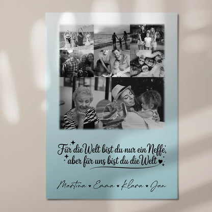 Personalisierte Fotoboard Magnet Poster mit 8 Fotos und Herz Foto Du bist für mich die Welt Schwarz-Weiß