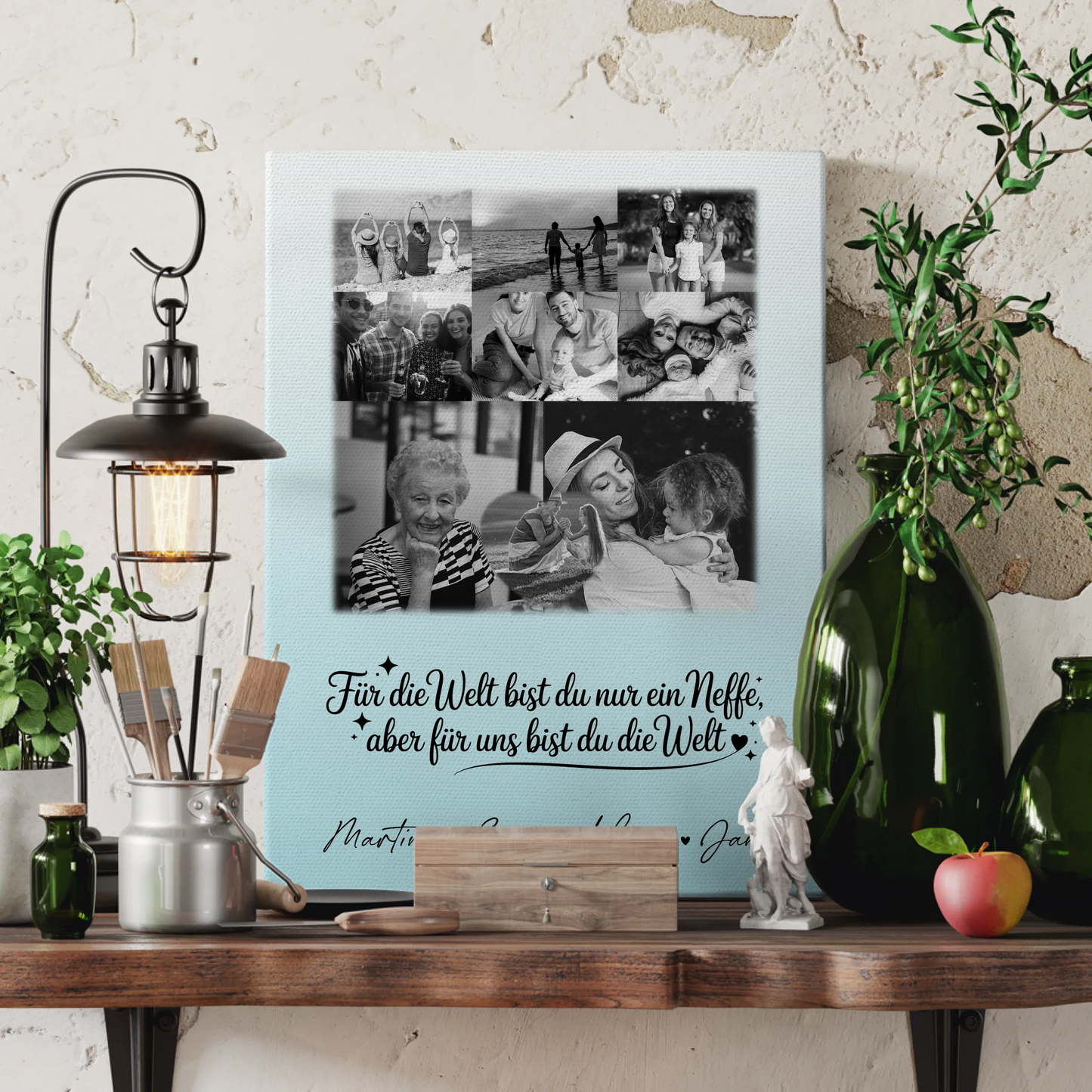 Personalisierte Wandbild Fotocollage mit 8 Fotos und Herz Motiv Du bist für mich die Welt Schwarz-Weiß Geschenkidee 3