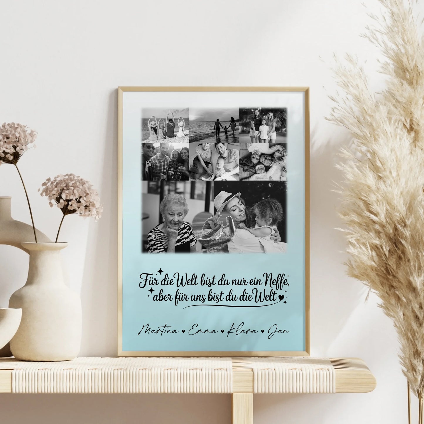 Personalisierte Fotocollage Großes Bild aus Vielen Kleinen mit 8 Fotos und Herzmotiv Du bist für mich die Welt Schwarz-Weiß