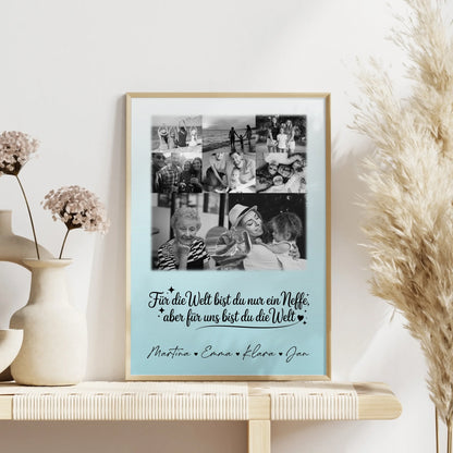 Personalisierte Fotocollage Großes Bild aus Vielen Kleinen mit 8 Fotos und Herzmotiv Du bist für mich die Welt Schwarz-Weiß