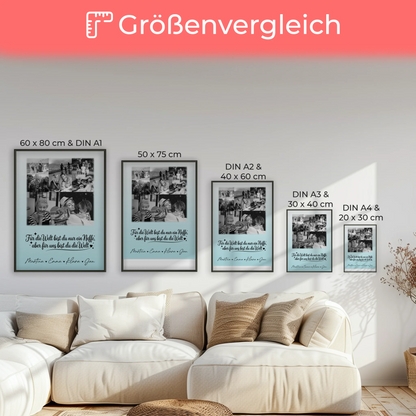 Personalisierte Fotocollage Großes Bild aus Vielen Kleinen mit 8 Fotos und Herzmotiv Du bist für mich die Welt Schwarz-Weiß