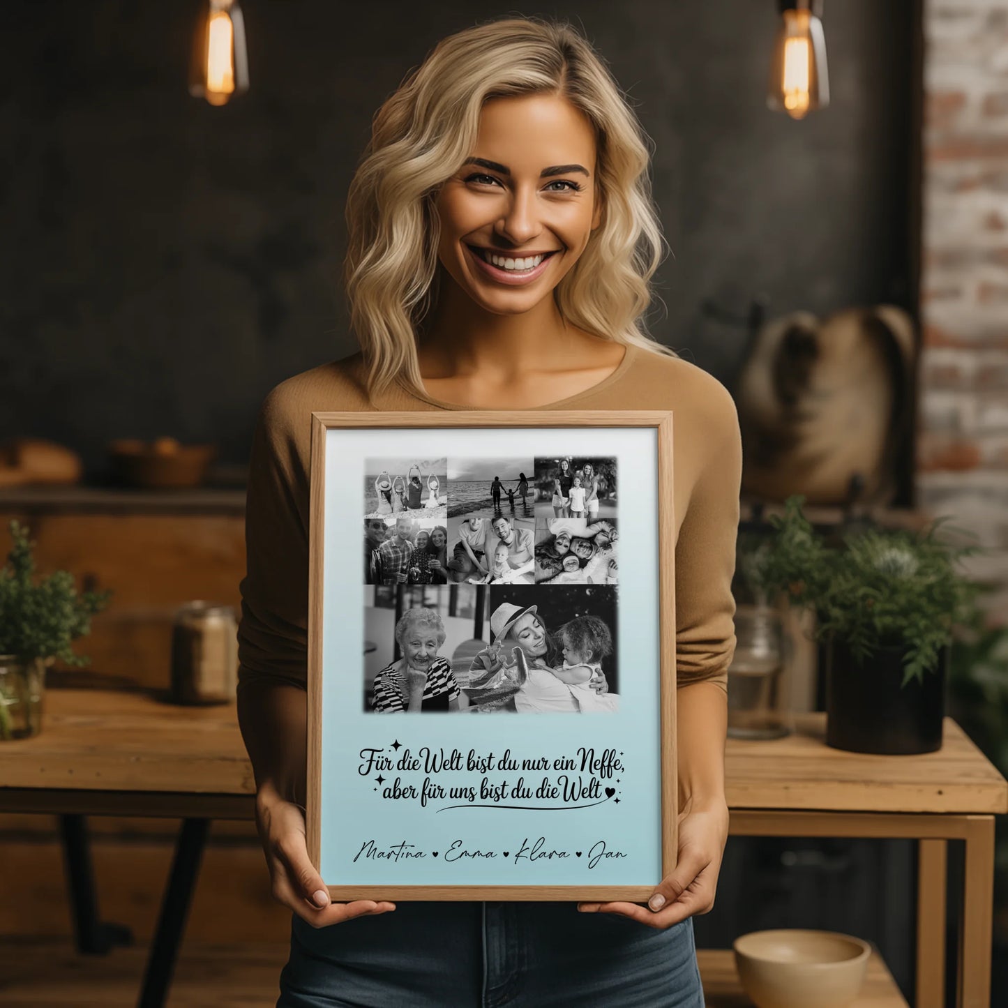 Personalisierte Fotocollage Großes Bild aus Vielen Kleinen mit 8 Fotos und Herzmotiv Du bist für mich die Welt Schwarz-Weiß