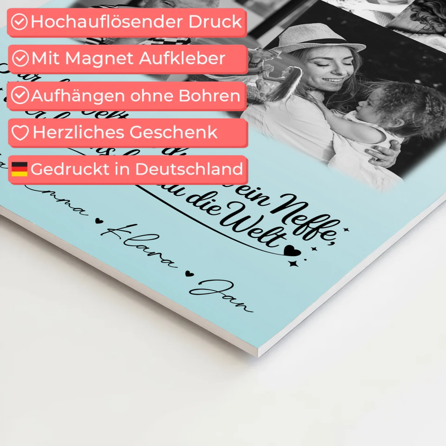 Personalisierte Fotoboard Magnet Poster mit 8 Fotos und Herz Foto Du bist für mich die Welt Schwarz-Weiß