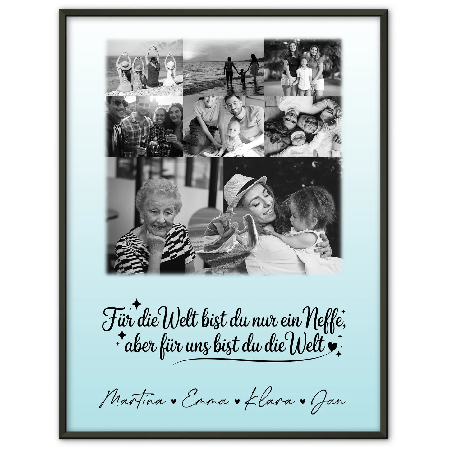 Personalisierte Fotocollage Großes Bild aus Vielen Kleinen mit 8 Fotos und Herzmotiv Du bist für mich die Welt Schwarz-Weiß