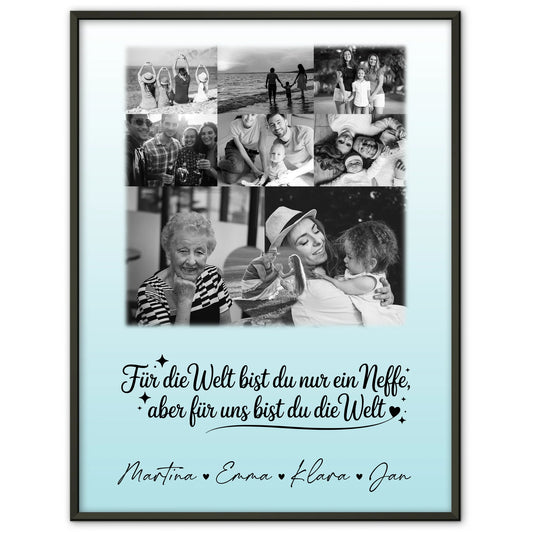 Personalisierte Fotocollage Großes Bild aus Vielen Kleinen mit 8 Fotos und Herzmotiv Du bist für mich die Welt Schwarz-Weiß
