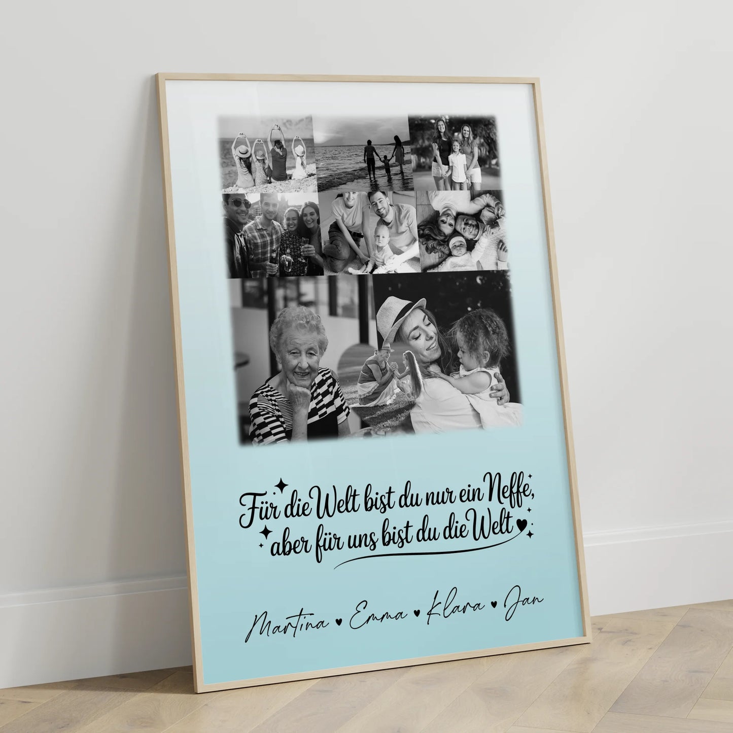 Personalisierte Fotocollage Großes Bild aus Vielen Kleinen mit 8 Fotos und Herzmotiv Du bist für mich die Welt Schwarz-Weiß