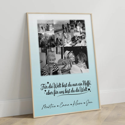 Personalisierte Fotocollage Großes Bild aus Vielen Kleinen mit 8 Fotos und Herzmotiv Du bist für mich die Welt Schwarz-Weiß