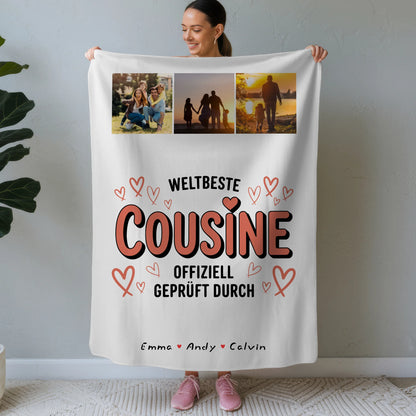 Personalisierte Decke Mit Namen für die Weltbeste Cousine Fotocollage Offiziell Geprüft Durch 1