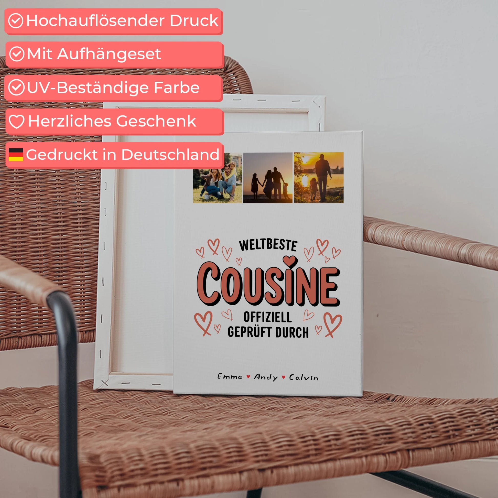 Leinwand Bild für Cousine mit Fotocollage Weltbeste Cousine Offiziell Geprüft Durch 5