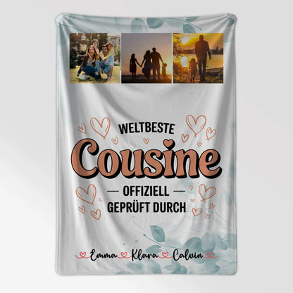 Personalisierte Namensdecke mit Fotocollage für die Weltbeste Cousine Offiziell Geprüft Durch 7