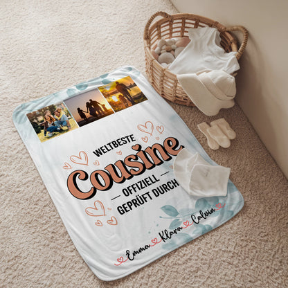 Personalisierte Namensdecke mit Fotocollage für die Weltbeste Cousine Offiziell Geprüft Durch 2