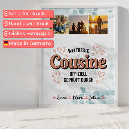 Wandbild Fotocollage für die Weltbeste Cousine Offiziell Geprüft Durch