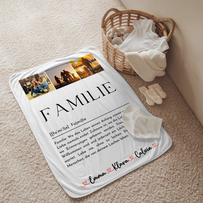 Personalisierte Namensdecke mit Fotocollage Familie und Definition Familie für einzigartige Geschenke 2