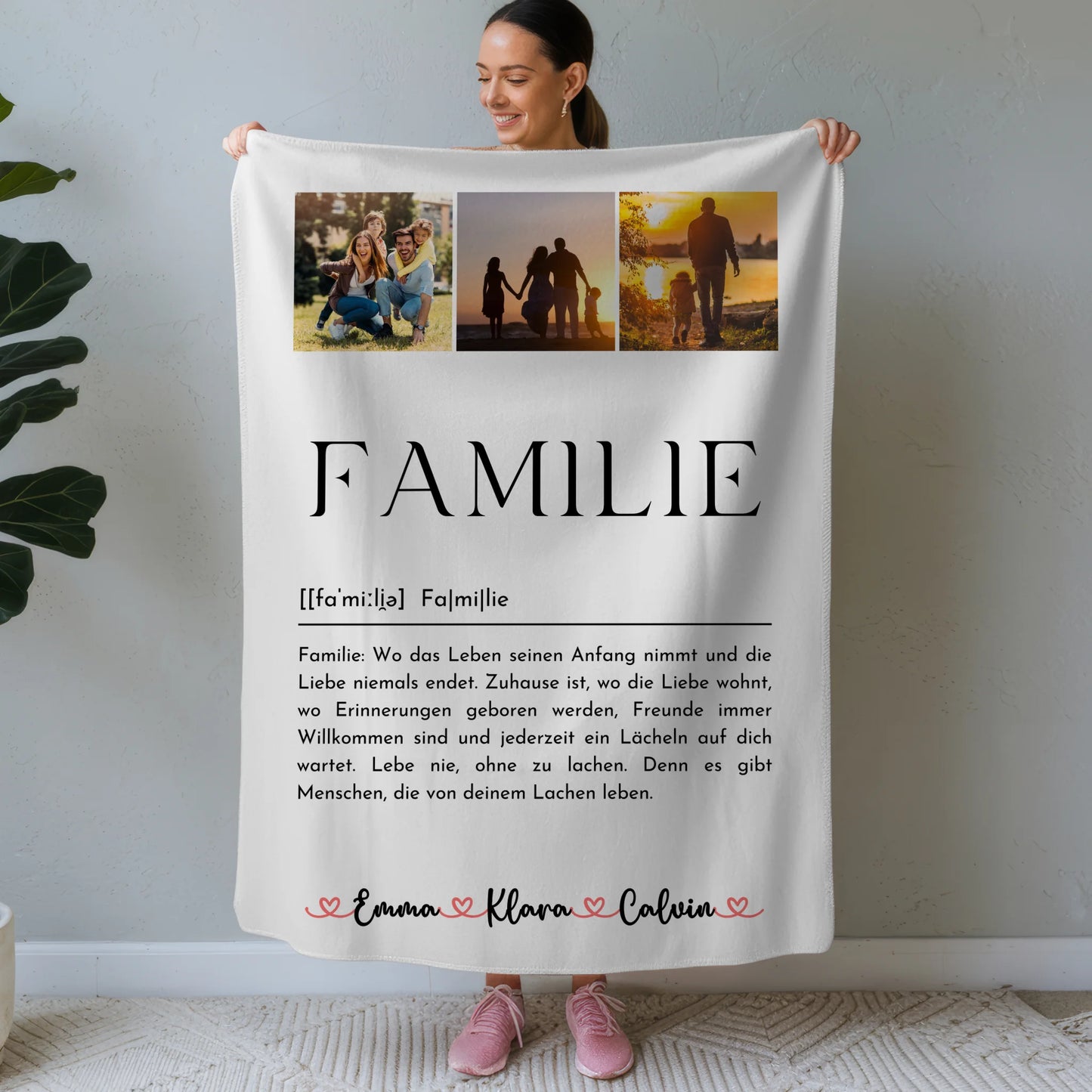 Personalisierte Namensdecke mit Fotocollage Familie und Definition Familie für einzigartige Geschenke 1